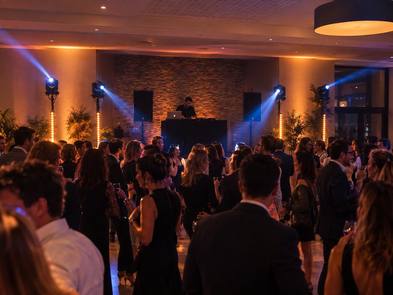 DJ animant une soirée corporate dans une salle de réception éclairée