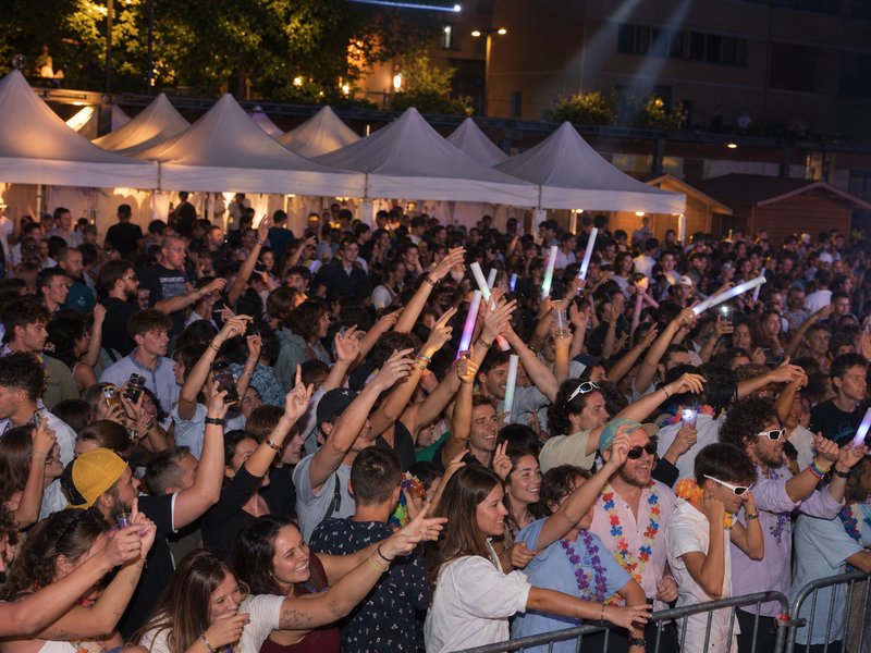 Foule en liesse lors d'un bal des pompiers en extérieur
