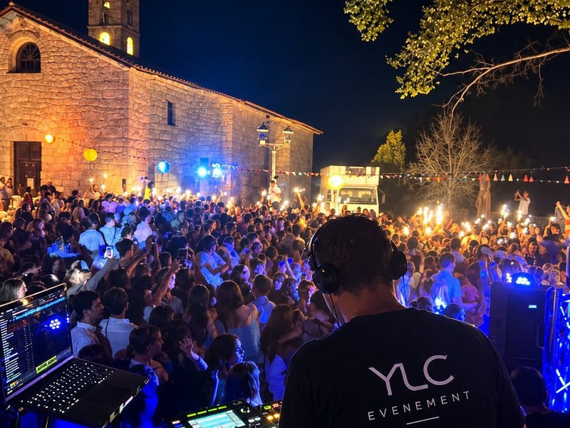 DJ de dos lors d'un bal de village en extérieur, foule avec cierges magiques