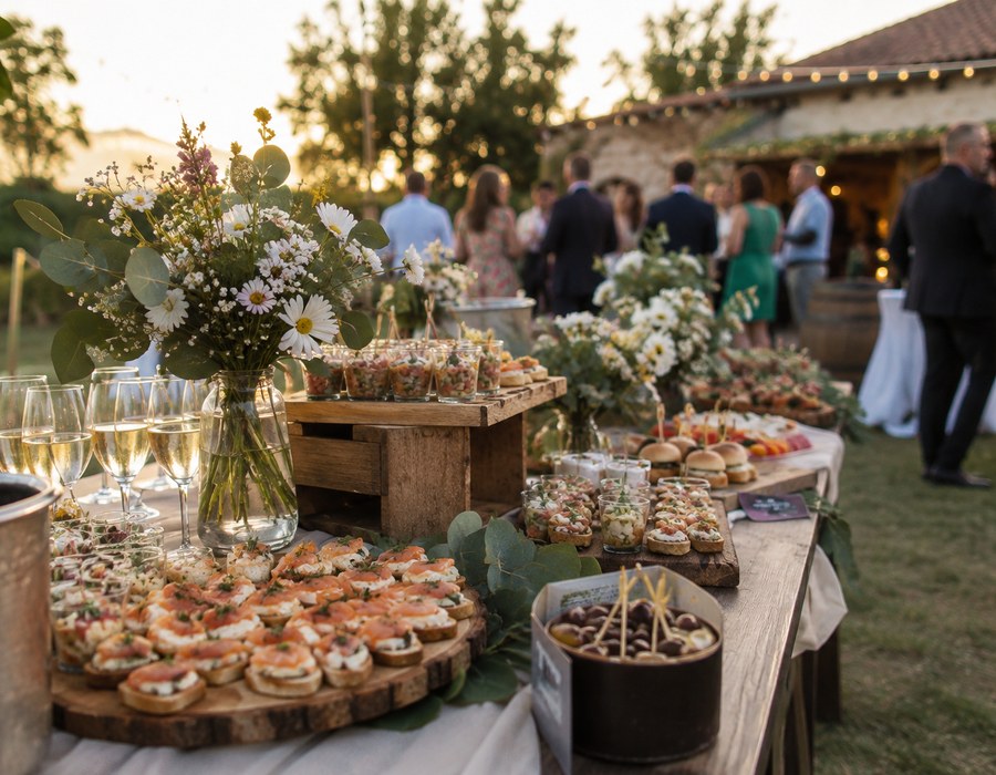 Table de réception raffinée lors d'un mariage en extérieur au coucher du soleil
