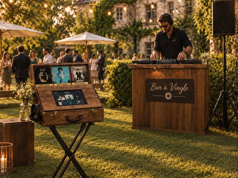 Bar à vinyle numérique avec platines en extérieur devant un château