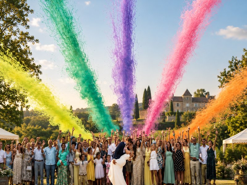 Jets de fumée colorée multicolores au-dessus des invités et des mariés