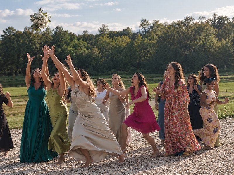 Lancer du bouquet de mariée attrapé par les invitées lors de la soirée